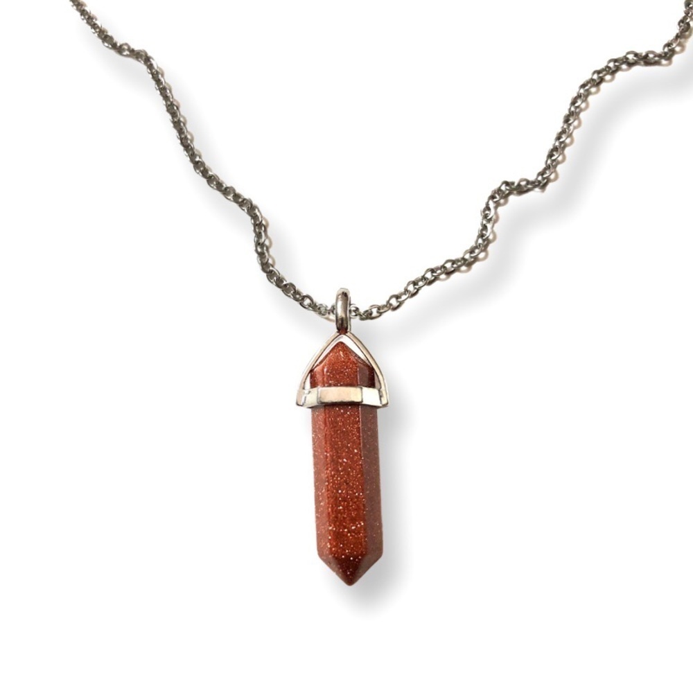 ⭐️ 5 for $25 Red Goldstone Natural Stone Hexagonal Pendant Necklace Silver Tone